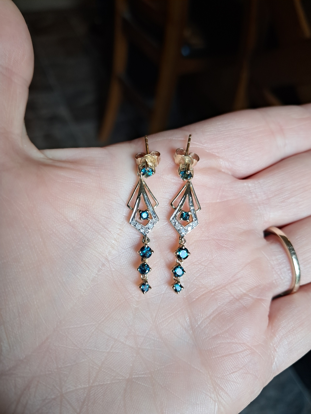 10K Gold Blue Topaz And Diamond Drop Art Deco Earrings